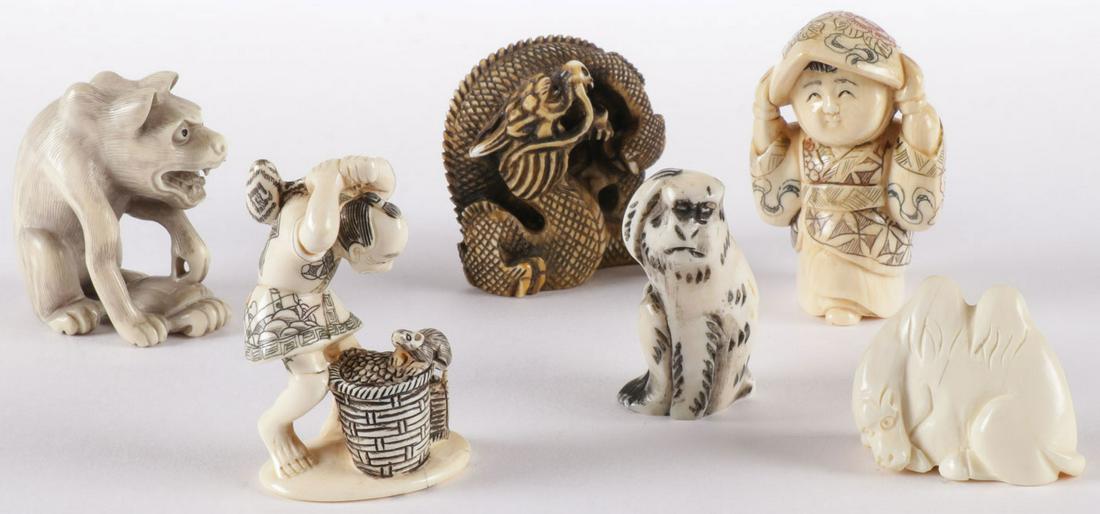 6 JAPANESE CARVED NETSUKES C 1900-1950: 6 JAPANESE CARVED NETSUKES C 1900-1950. Representing different animals and figures as shown. Each signed. Greatest measurement 2 inches (5 cm). NO INTERNATIONAL SHIPPING AND SHIPPING RESTRICTIONS TO S
