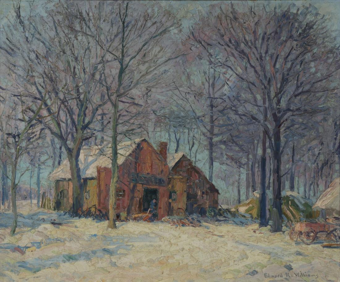 EDWARD WILLIAMS WINTER LANDSCAPE OIL ON CANVAS: EDWARD K. WILLIAMS (American 1870-1950) Red Barn in a Winter Landscape Oil on canvas Signed lower right 20.5 inches x 24 inches SHIPPING NOTICE: Jackson's is your sole an