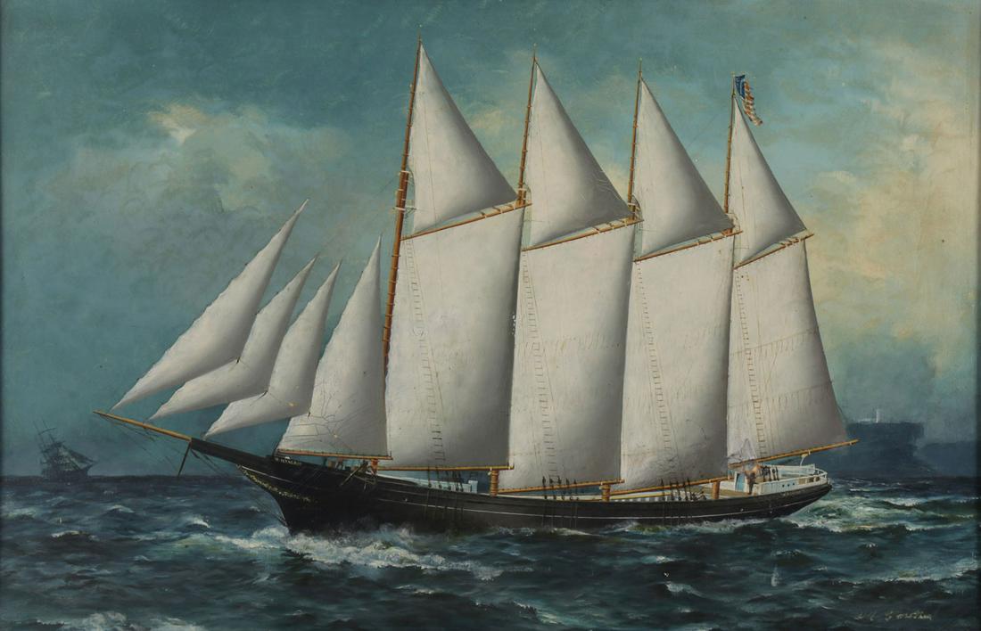 GREAT IDENTIFIED AMERICAN SAILING SHIP CIRCA 1910: AMERICAN SCHOOL (19th/20th Century) The Four Masted Schooner W. H. Talbot Oil on artist board Identified on bow and stern, flying an American flag and bearing perhaps trace signature lower right 15.75