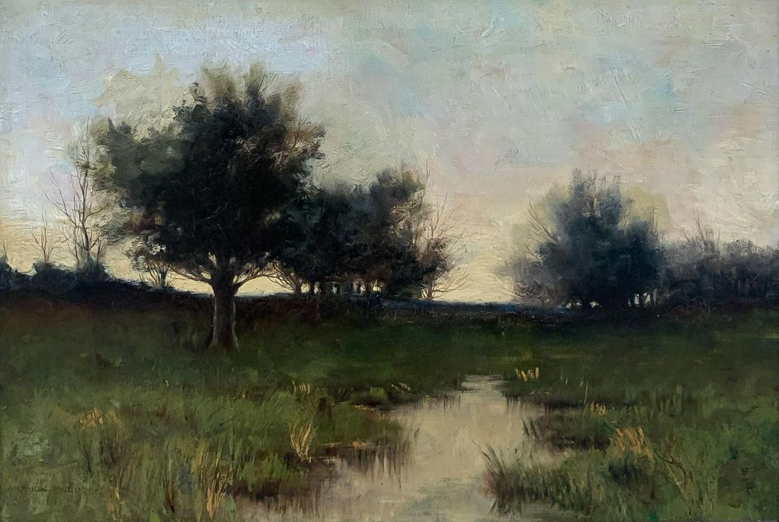 EXCEPTIONAL AMERICAN SIGNED PAINTING CIRCA 1890: ARTHUR HOEBER (American 1854-1915)Marsh Dusk Landscape Oil on canvasSigned lower left11 inches x 16 inchesSHIPPING NOTICE:Jackson's is your sole and only source for