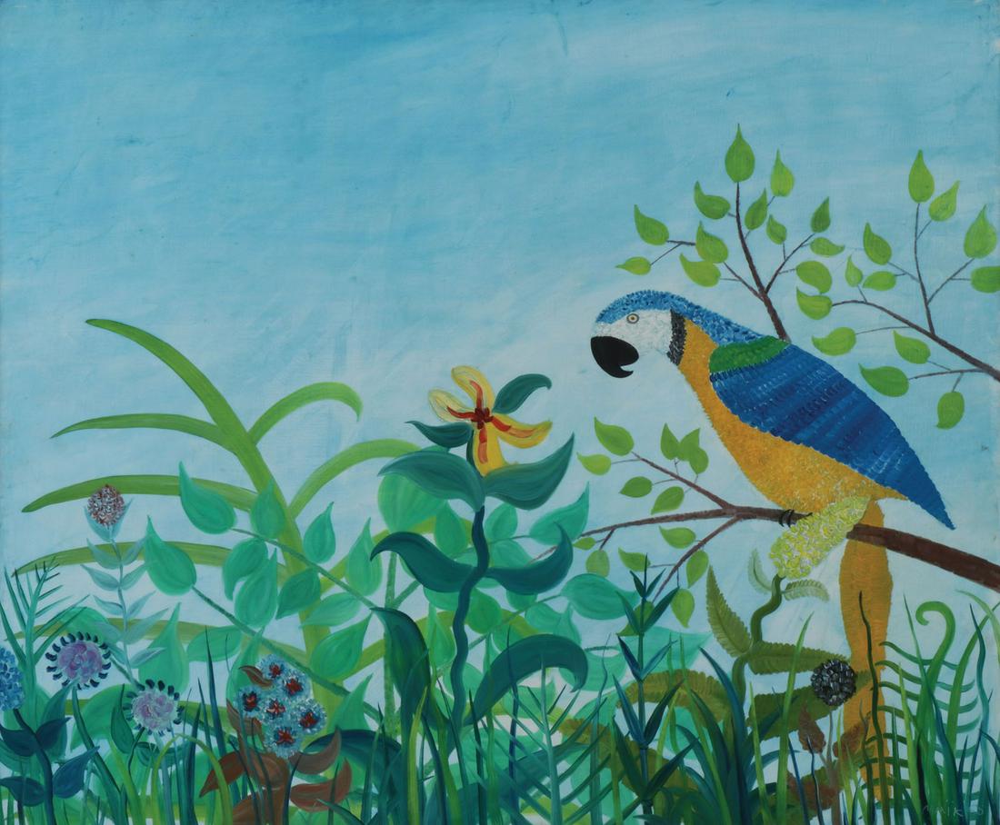 HENRI MAIK NAÏVE ANIMAL PAINTING SIGNED: HENRI HECHT MAIK (French 1922-1993) The Parrot - 1965 Oil on canvas Signed and dated lower right and verso inscribed with title and Wally Findlay Gallery, NY 21 inches x 25.5 inches SHI