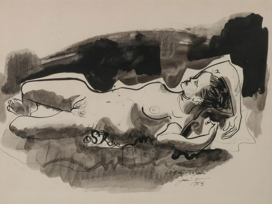 MID CENTURY SIGNED NUDE: BYRON BROWNE (American 1907-1961)Female Reclining Nude - 1953Ink and ink wash on paperSigned and dated lower right19 inches x 25.5 inchesSHIPPING NOTICE:Jackson's i