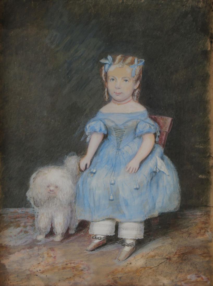 GOOD AMERICAN FOLK ART PORTRAIT C. 1834: MOSES B. RUSSELL (American 1809-1884) Portrait of Girl in Blue Dress with Dog- 1834 Watercolor and gouache on paper Inscribed on verso "Painted by MB Russell Boston Nov 10, 1834" 8.5 inches x 6.5 inch