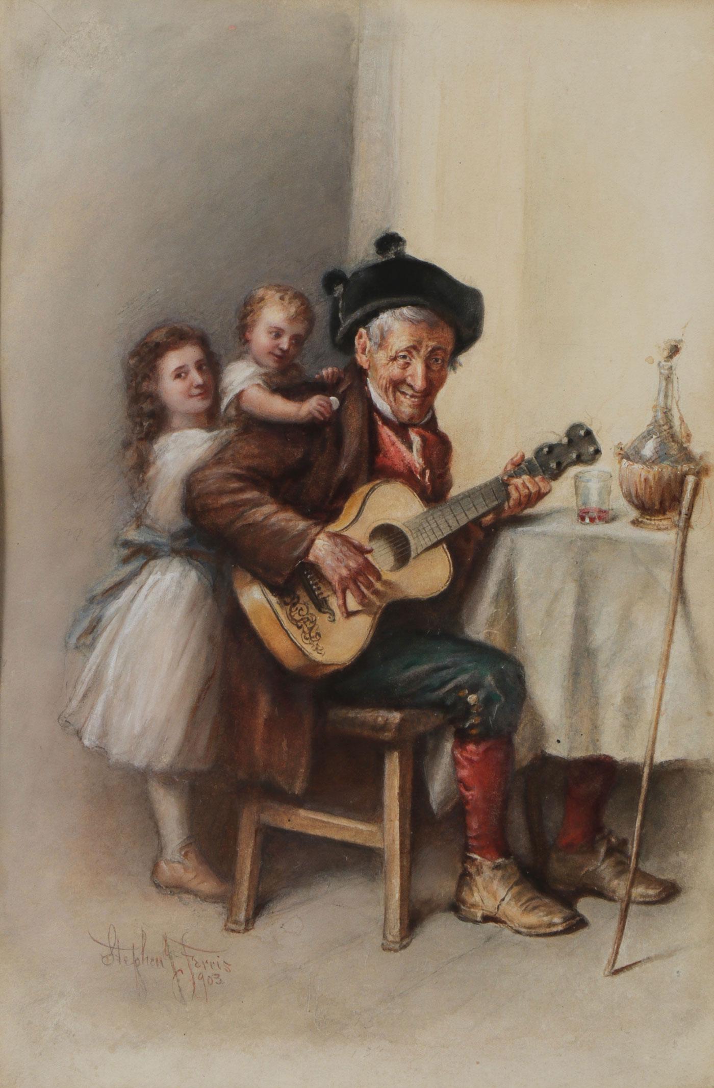 19TH CENTURY AMERICAN WATERCOLOR: STEPHEN FERRIS (American 1835-1915) A Special Moment with Grandpa - 1903 Watercolor Signed and dated lower left Sight 14.5 inches x 9.75 inches, contained in a glazed frame overall measuring 25 inches