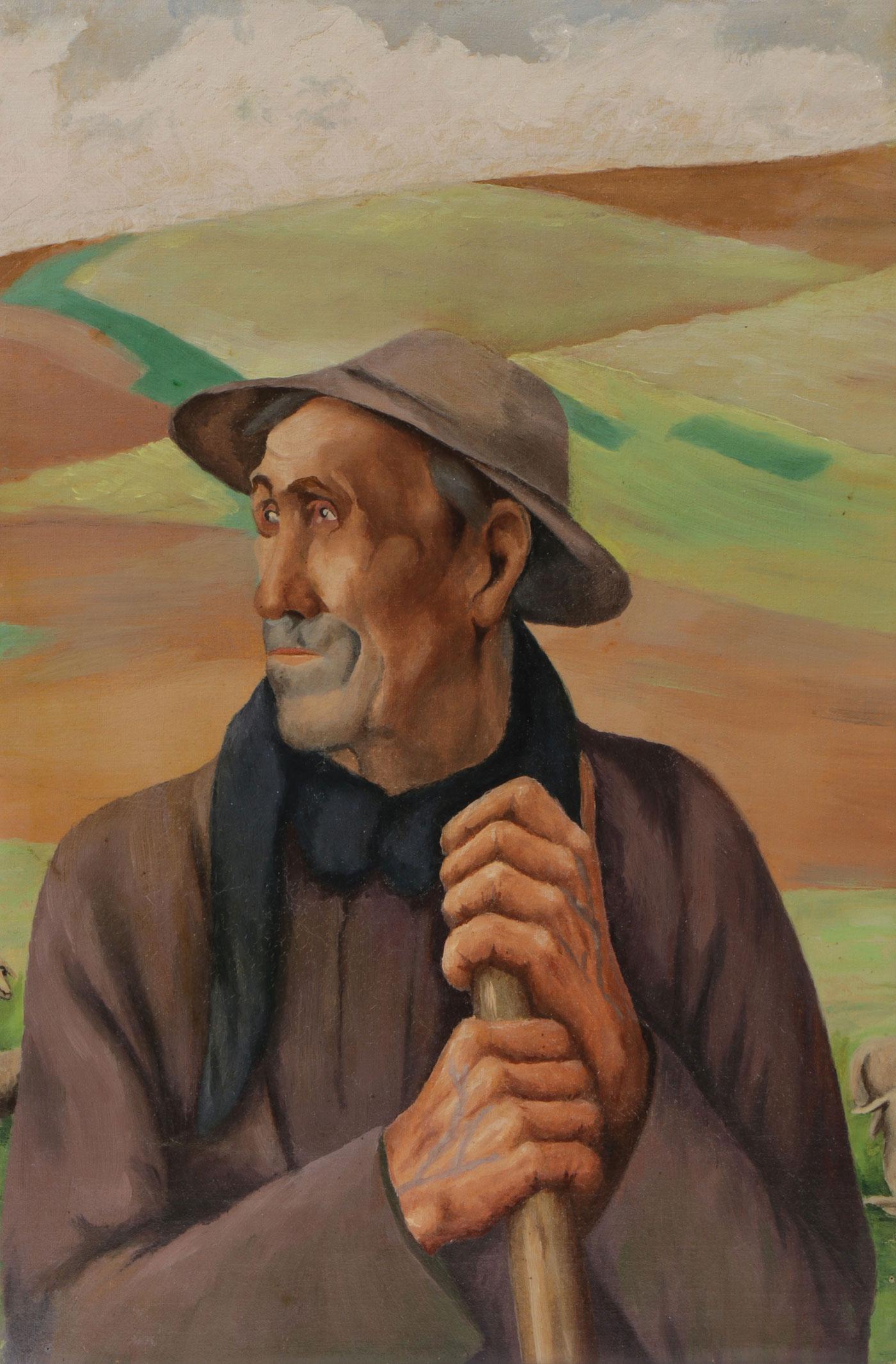 INTERESTING SHEPHERD PORTRAIT C. 1930: CONTINENTAL SCHOOL (20th century) Portrait of a Shepherd in an Expansive Farm Landscape Oil on canvas Unsigned and with fragment of provincial landscape painting on verso 14.75 inches x 10 inches (37.