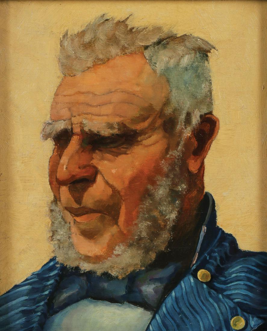 INTERESTING PORTRAIT BEARDED MAN C. 1930: CONTINENTAL SCHOOL (19th/20th century) Bust Portrait of a Bearded Man in a Blue Suit Oil on wood panelIndistinguishably signed lower left7.5 inches x 9.75 inches (19 x 24.75 cm)SH