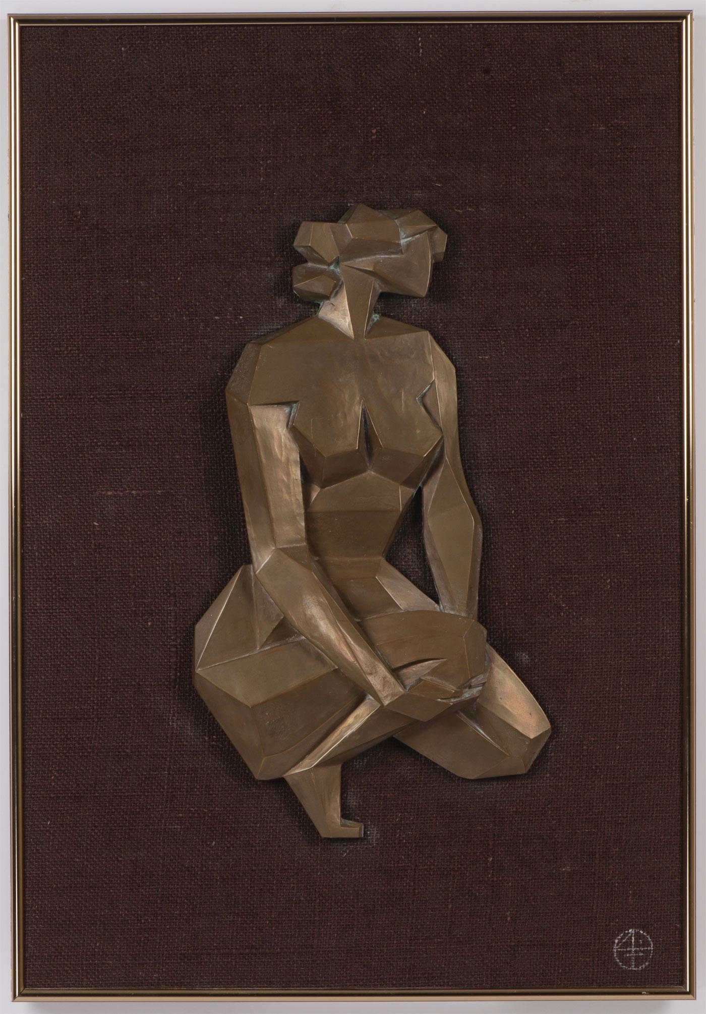 MID-CENTURY CUBIST RELIEF SCULPTURE: GIOVANNI SCHOEMAN (South African 1940-1980)Female Nude Figure Bronzed metal on linen supportMonogrammed lower rightOverall measuring 26.25 inches x 18.25 inchesSHIPPING NOTICE: