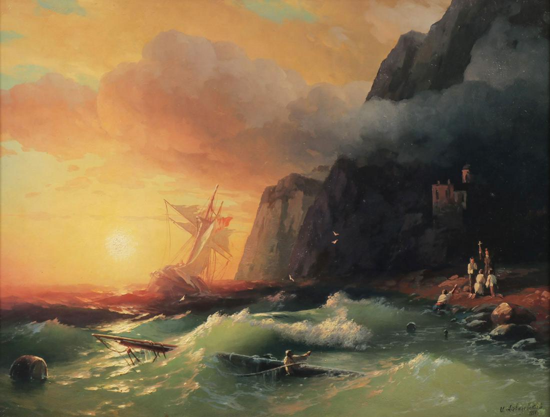 RUSSIAN MARINE PAINTING: After IVAN KONSTANTINOVICH AIVAZOVSKY (Russian 1817-1900)The Shipwreck Near Mountain of Aphon Oil on canvasBears signature lower right in Cyrillic "I Aivazovksy" and date 188419 inches x 24.5 inches (