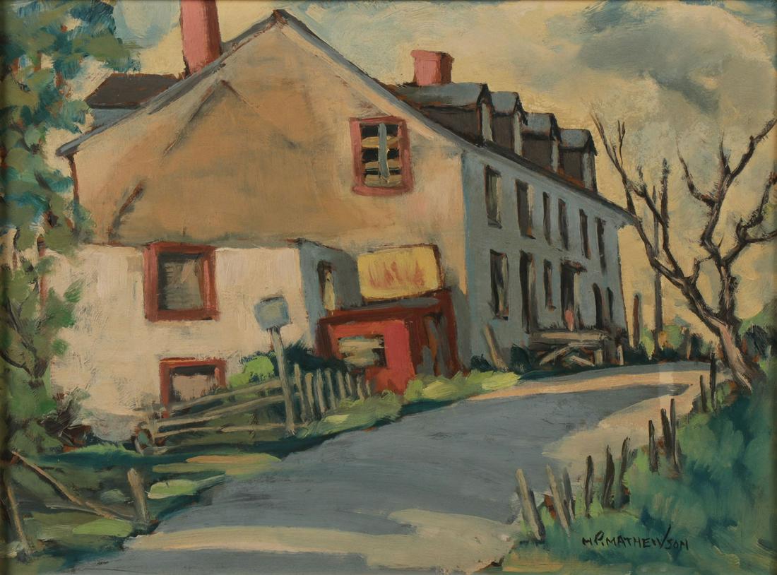 CHICAGO ARTIST SIGNED PAINTING C. 1945: M.P. MATHEWSON (American 20th century) Sun Drenched Street Scene - c. 1945 Oil on Masonite Signed lower right 12 inches x 16 inches M. P. "Matty" Mathewson was a Chicago artist and frequent ex