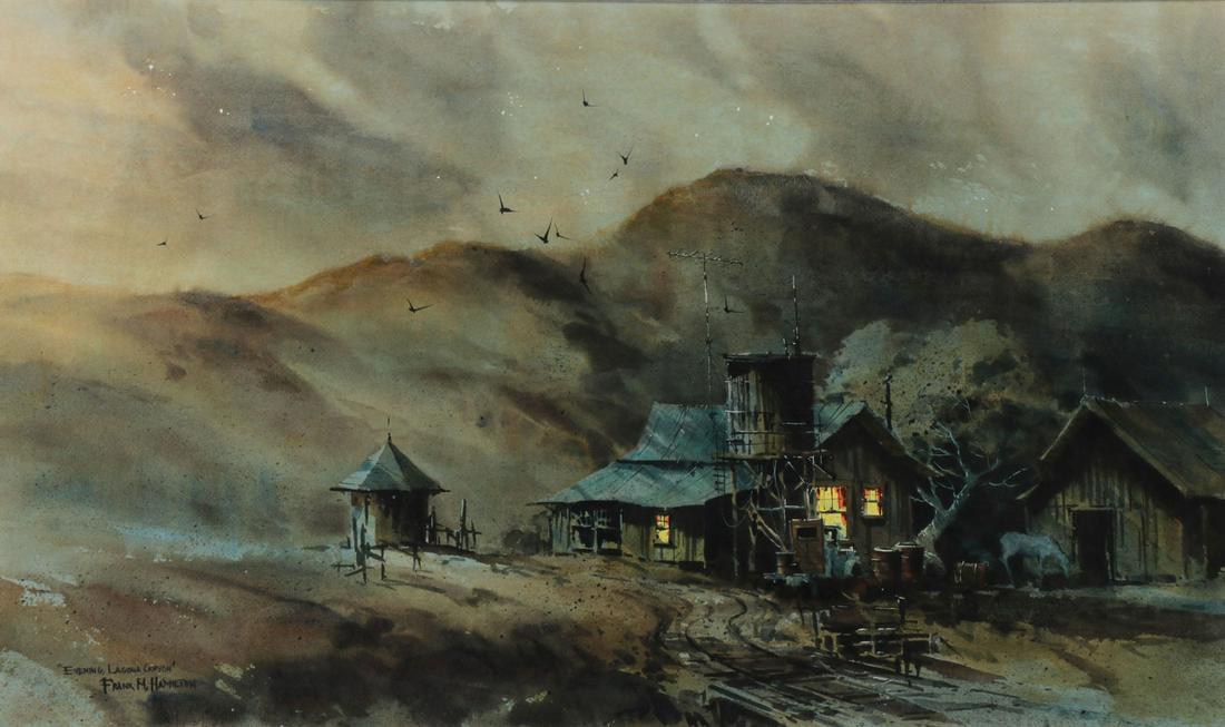 GREAT CALIFORNIA LAGUNA CANYON SIGNED PAINTING: FRANK MOSS HAMILTON (American 1930-1999) Evening Laguna Canyon Watercolors, gouache and gum arabic on artist board Signed and titled lower left 18 inches x 30 inches SHIPPING NOTICE:<