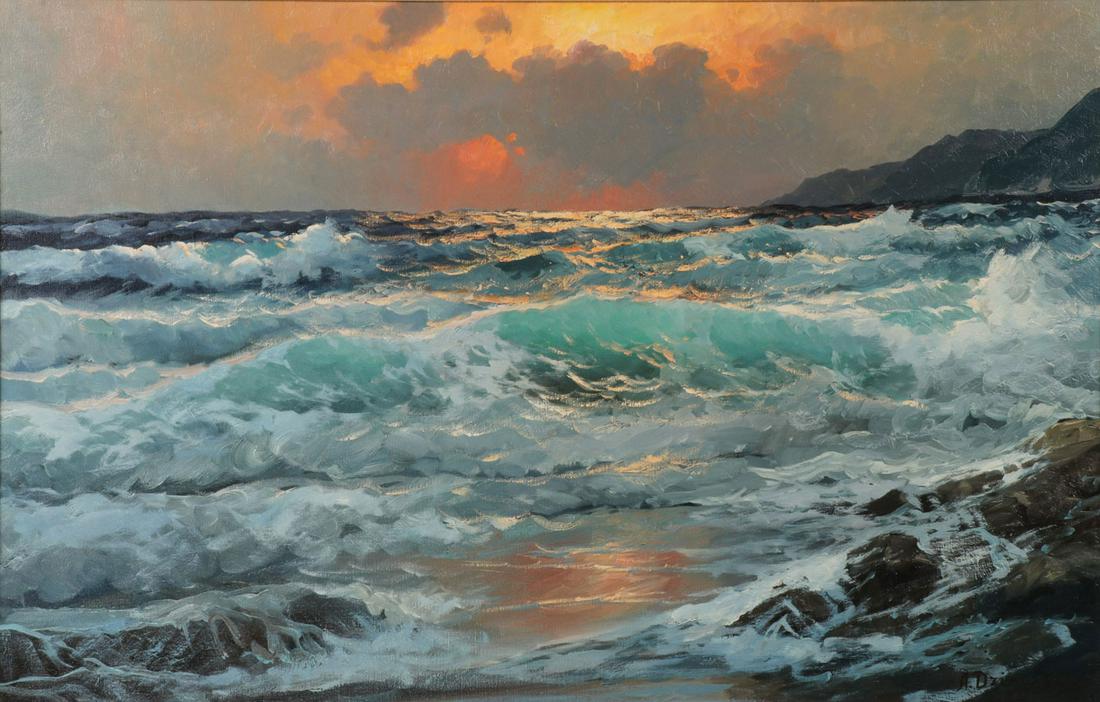 ALEX DZIGURSKI OIL ON CANVAS SEASCAPE: ALEXANDER DZIGURSKI (American 1911-1995)Over the Sunlit Sea Oil on canvasSigned lower right, frame with title plaque lower center, verso with gallery label for Findlay Gallery, Chicago, IL22 inches x