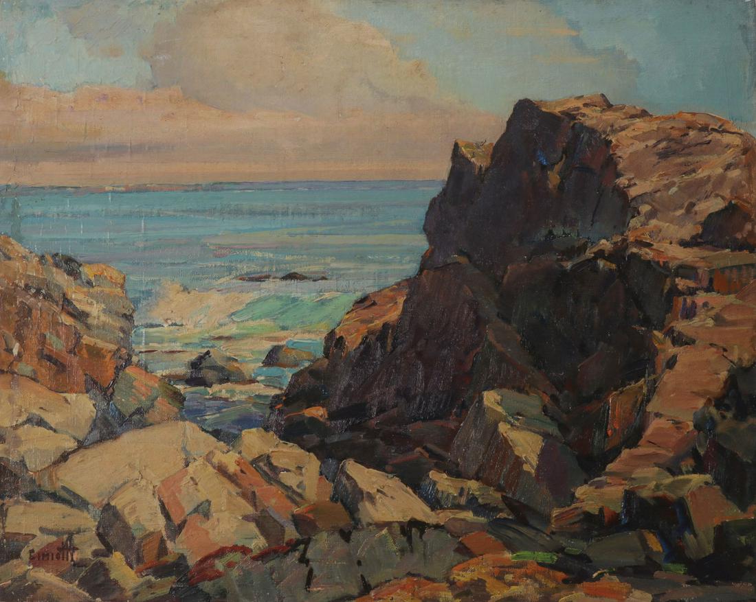 MAINE OCEAN FRONT PAINTING SIGNED: GUSTAV CIMIOTTI (American 1875-1969)Ogunquit Maine Coastal Scene Oil on canvas boardSigned lower left and signed and titled on verso "Ogunquit"16 inches x 20 inches (unframed)SHIPP