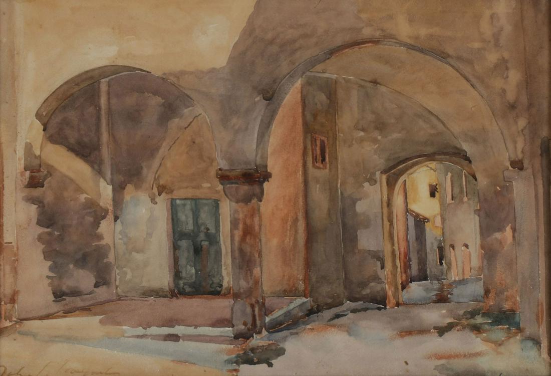 ORIGINAL SIGNED WATERCOLOR CIRCLE OF SARGENT: Circle of JOHN SINGER SARGENT (American 1856-1925)Interior Scene with Arched Doors Watercolor on boardBears signature lower left9.75 inches x 13.75 inches, contained in a vintage gilt frame overall me
