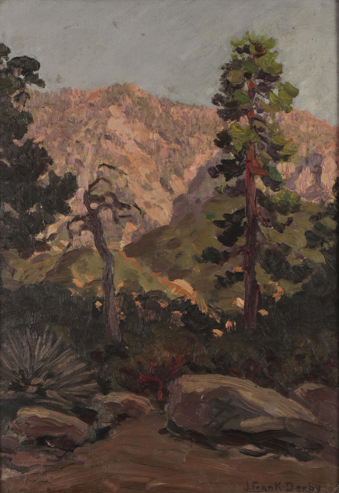 SIGNED VINTAGE CALIFORNIA OIL PAINTING: JOHN FRANK DERBY (American 1875-1943) California Mountain Landscape Oil on board Signed lower left 14 inches x 9.8 inches SHIPPING NOTICE: Jackson's is your sole and only