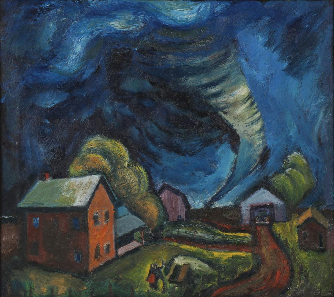 GREAT WPA TORNADO PAINTING: AMERICAN SCHOOL (Circa 1930) Farm Scene with Approaching Tornado Oil on canvas Apparently unsigned 18 inches x 20 inches SHIPPING NOTICE: Jackson's is your sole and only