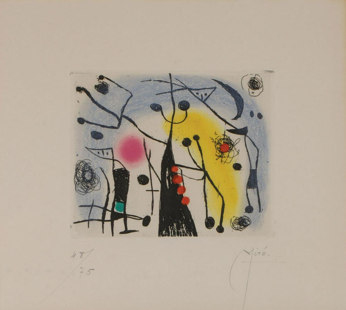 JOAN MIRO SIGNED ETCHING MAGDALENIANS: JOAN MIRO (Spanish 1893-1983) Les Magdaléniens (The Magdalenians) - 1958 Etching and aquatint in colors on Rives paper with full margins Signed in pencil lower right and numbered 48/50 in pencil lowe