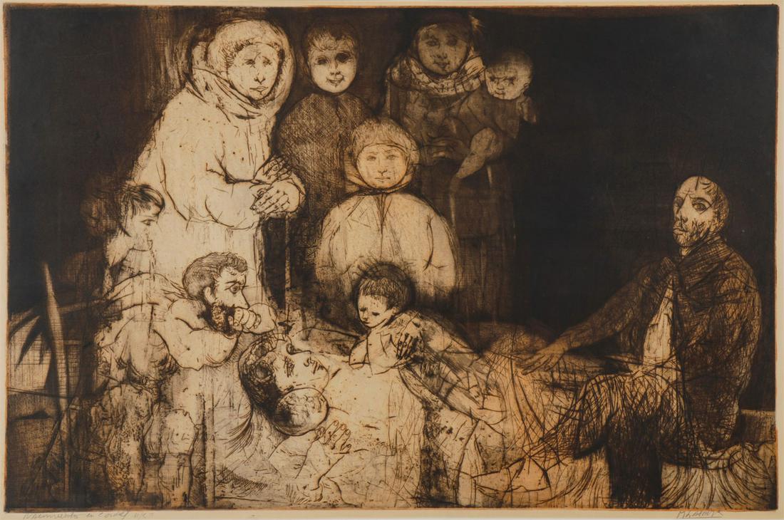 ORIGINAL SIGNED LASANSKY ETCHING: MAURICIO LEIB LASANSKY (American 1914-2012) Nacimiento en Cardiel- 1958 Drypoint aquatint etching Signed, titled, and editioned 11/50 lower margin 21 inches x 32.25 inches, contained in a glazed frame