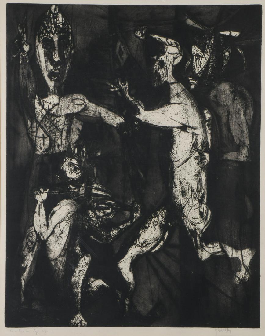 MAURICIO LASANSKY SIGNED ETCHING: MAURICIO LEIB LASANSKY (American 1914-2012)For an Eye an Eye IV - 1946-48Etching and aquatintSigned in pencil lower right, titled and numbered 25/50 in pencil lower left26.6 inches x 21 inches (66.8 x