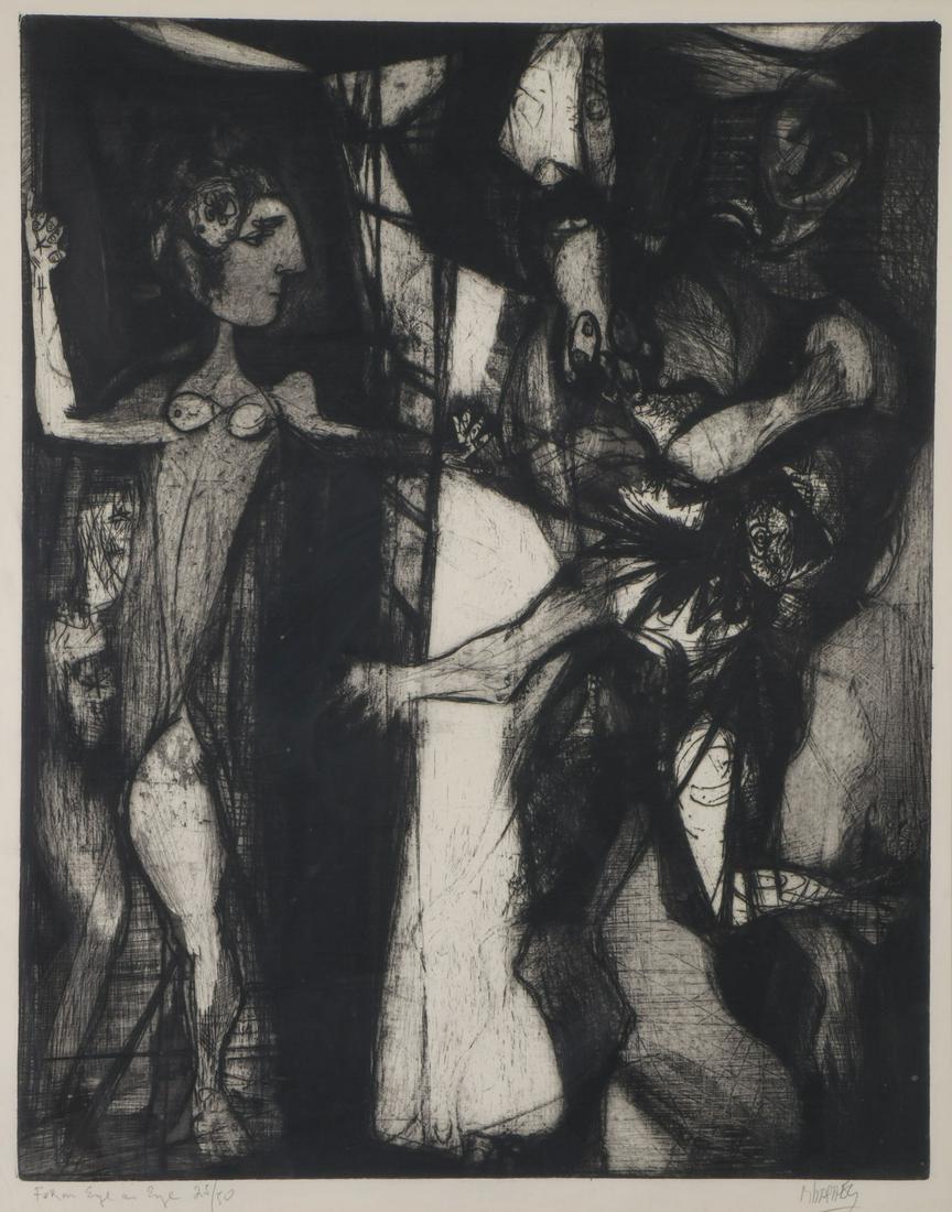MAURICIO LASANSKY SIGNED ETCHING: MAURICIO LEIB LASANSKY (American 1914-2012)For an Eye an Eye I - 1946-48Etching and aquatintSigned in pencil lower right, titled and numbered 25/50 in pencil lower left26.3 inches x 21 inches (66.8 x