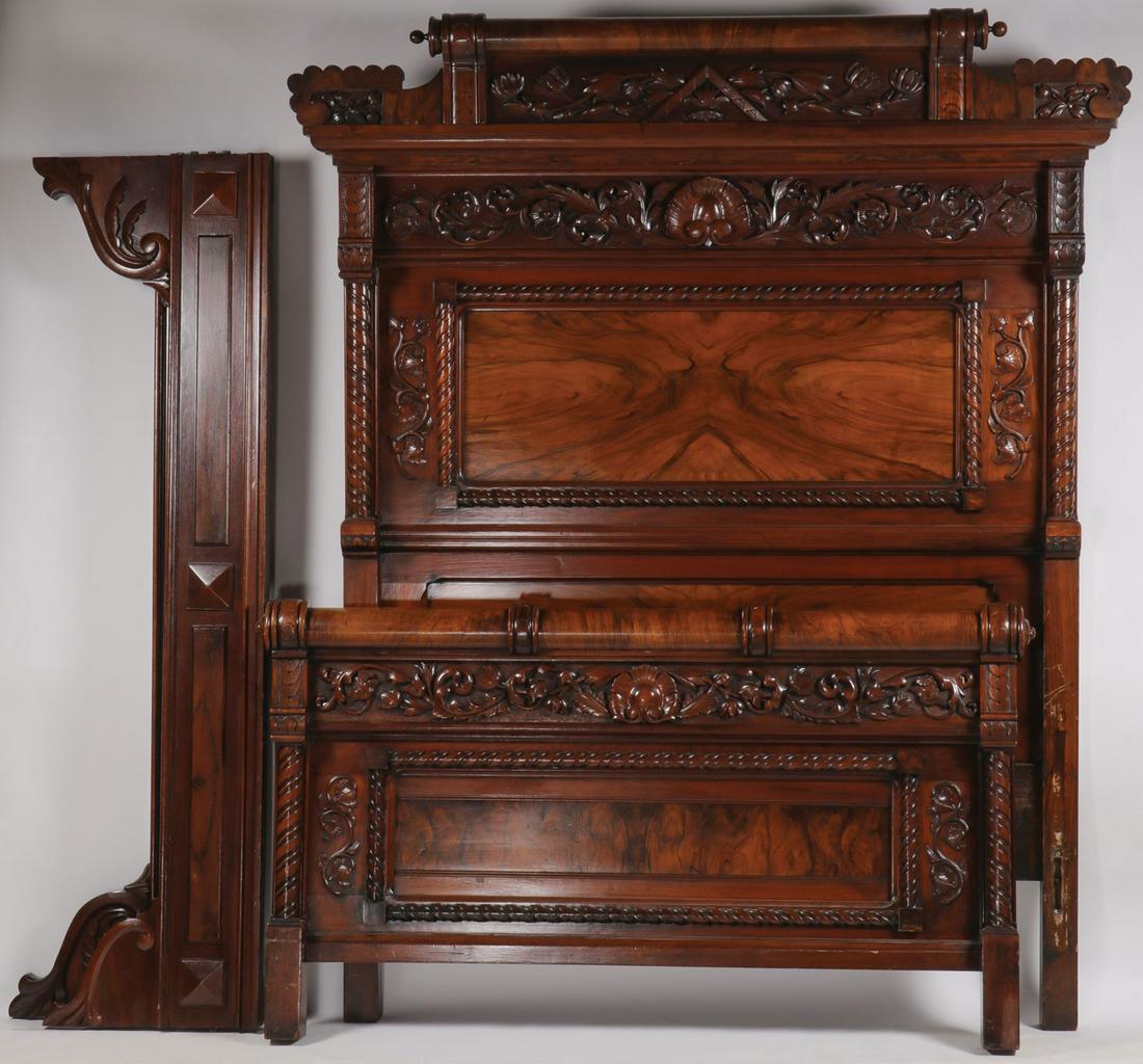 OUTSTANDING 4-PIECE VICTORIAN BEDROOM SET: OUTSTANDING 4-PIECE VICTORIAN BEDROOM SET. A large and impressive, finely crafted four piece walnut bedroom set comprising a bed with substantial headboard (86 inches x 67 inches), matching footboard