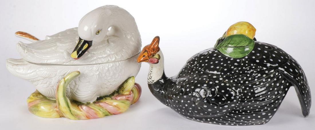 PAIR OF FIGURAL SOUP TUREENS: PAIR OF FIGURAL SOUP TUREENS. One modelled as a swan, the other as a guinea hen with matching ladles. Greatest measurement 16 inches (41 cm). SHIPPING NOTICE: Jackson's is your sole and only source fo