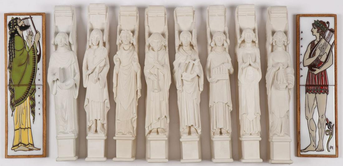 EIGHT MUSICAL ANGEL SCULPTURES: EIGHT MUSICAL ANGEL SCULPTURES. Comprising eight unique individual cast molded musical angels, each holding an instrument or in prayer, standing on an integral square plinth and with integral hanging 