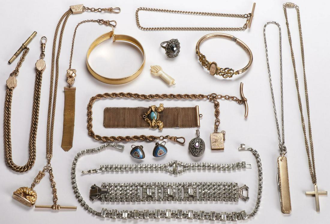 VINTAGE JEWELRY: VINTAGE JEWELRY. Comprising 17 individual items of various design as shown, including four nice Victorian period watch fobs, bangles, bracelets, necklaces, earrings, pendants, including a good gem set