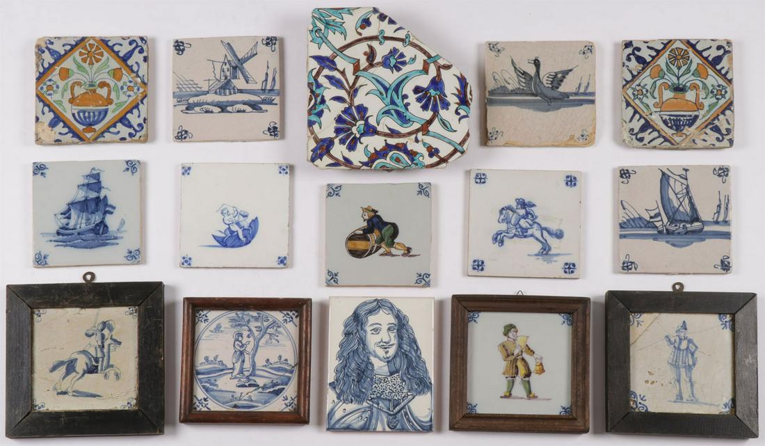15 DUTCH TILES: 15 DUTCH TILES. Of various ages, including 18th century to the present and including some Islamic tile fragments. The average tile measuring approximately 5 inches x 5 inches (13 x 13 cm). SHIPPING NO