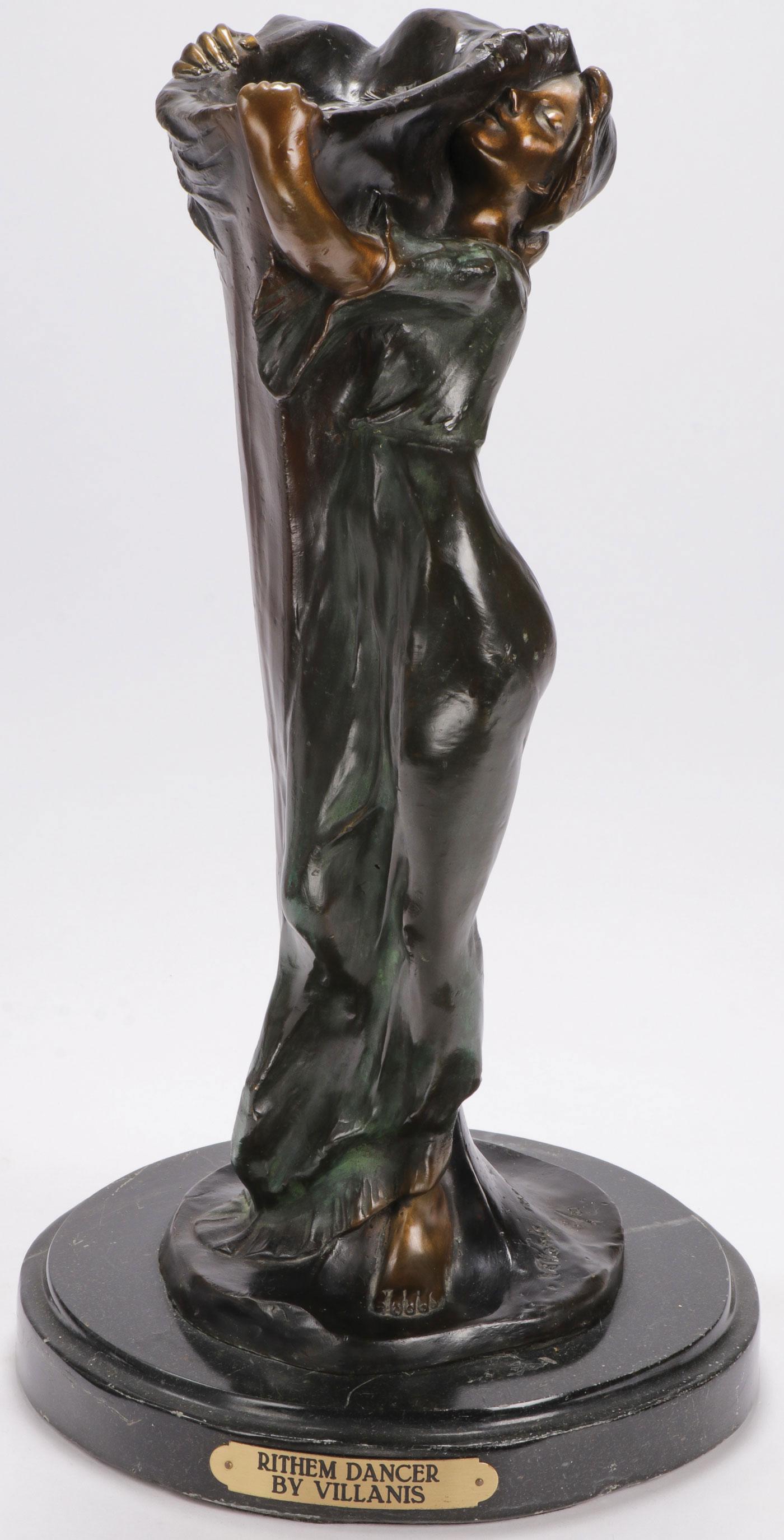 A BRONZE FIGURAL ART NOUVEAU DANCER: A BRONZE ART NOUVEAU STYLE DANCER. Comprising a patinated bronze of a dancer after the original by Villanis entitled "Rithem Dancer" signed on base "Villanis 1890 7/50". Resting on a marble base with