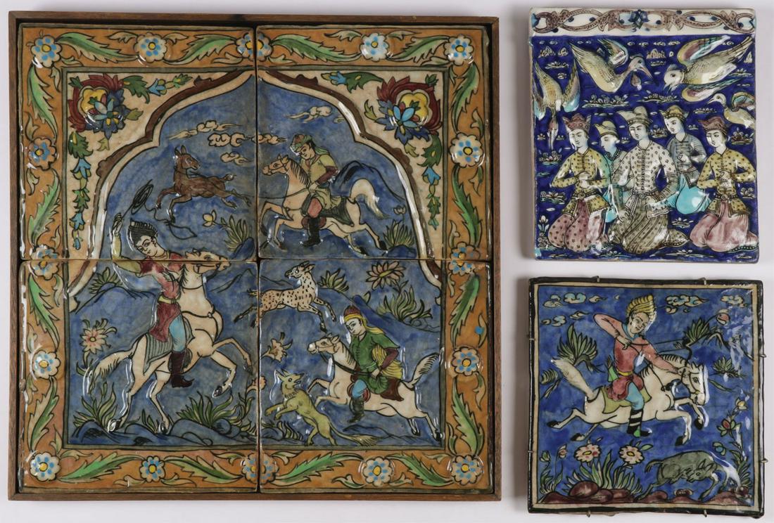 PERSIAN CERAMIC TILE GROUPING: PERSIAN CERAMIC TILE GROUPING. Comprising a four-piece tile grouping depicting a hunting scene set in a simple wood display frame. Overall 21.5 inches x 21.5 inches (55 x 55 cm). Together with two oth