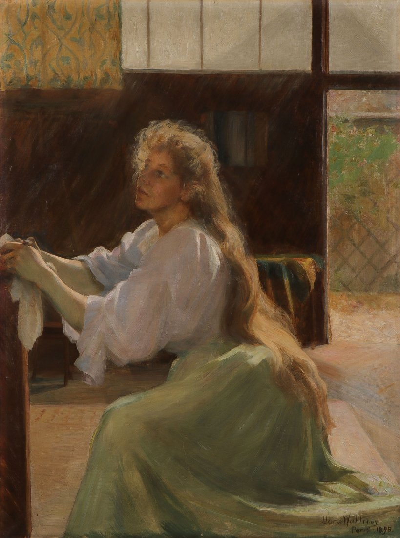 AN IMPORTANT FINNISH PAINTING, 1895: DORA WAHLROOS (Finish 1870-1947) Study for Inspiration – 1895 Oil on canvas Signed and dated lower right Dora Wahlroos Paris 1895 and verso of canvas with Paris artists supplies stencil of A BOUCHE 