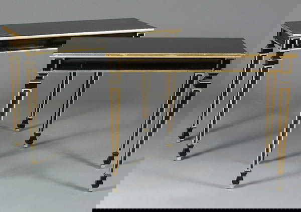 A VERY FINE PAIR OF JOHN WIDDICOMB FOR BERKEY CON: A VERY FINE PAIR OF JOHN WIDDICOMB FOR BERKEY CONSOLE TABLES C. 1965, black lacquer with antiqued silver accents. Signed in drawers. Height 29 inches x 36 inches. Estimate $200-$400