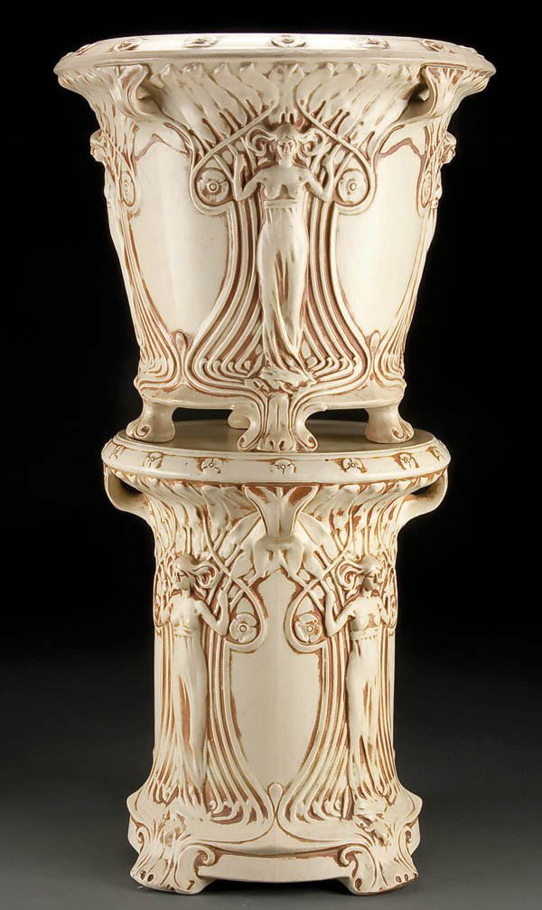 13: A WELLER ''IVORY'' ART POTTERY JARDINIERE AND PED