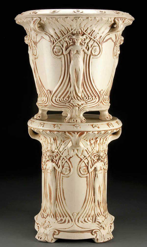 13: A WELLER ''IVORY'' ART POTTERY JARDINIERE AND PED