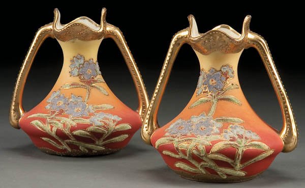 A PAIR OF HAND PAINTED NIPPON CORALENE VASES,: A PAIR OF HAND PAINTED NIPPON CORALENE VASES, early 20th century. Magenta US Patent mark. Height 5 inches each. Estimate $500-$750