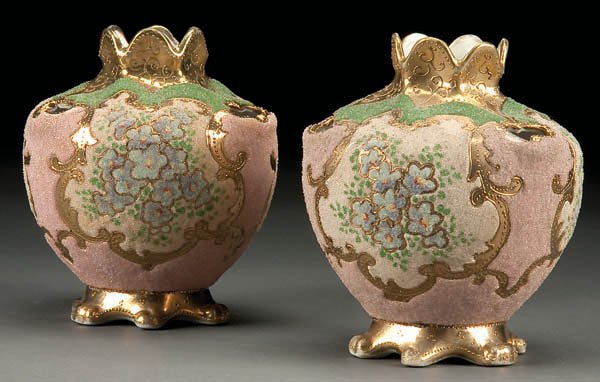 A PAIR OF HAND PAINTED NIPPON CORALENE POSY VASES: A PAIR OF HAND PAINTED NIPPON CORALENE POSY VASES, early 20th century, with allover coralene decoration and reticulated shoulders. Magenta US Patent mark. Heights 5 inches each. Estimate $150-$250