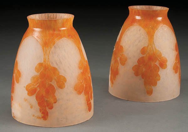PAIR OF LE VERRE FRANCAIS CAMEO GLASS LAMP SHADES: PAIR OF LE VERRE FRANCAIS CAMEO GLASS LAMP SHADES early 20th century in mottled orange over gray glass internally decorated with amber cut with stylized florals, candy cane signature, height 4 5/8 inc