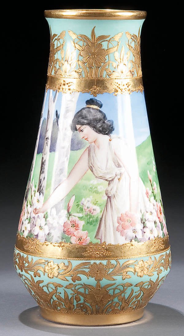 A DRESDEN PORCELAIN PORTRAIT VASE, early 20th cen: A DRESDEN PORCELAIN PORTRAIT VASE, early 20th century, with artist decorated scene of a young beauty, signed ''Richard Klemm''. Height 10 inches. Estimate $600-$900