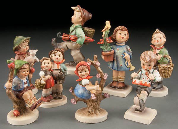 A GROUP OF EIGHT GOEBEL HUMMEL FIGURES, last half: A GROUP OF EIGHT GOEBEL HUMMEL FIGURES, last half 20th century, comprising ''Congratulations'', ''Apple Tree Boy'', ''Lost Sheep'', ''Surprise'', ''Little Drummer'', ''Globe Trotter'', ''Apple Tree Gi