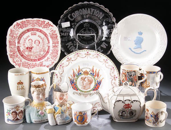 AN ENGLISH CORONATION AND ROYALTY CERAMICS GROUP: AN ENGLISH CORONATION AND ROYALTY CERAMICS GROUP (20th century) 31 pieces consisting of Edward VIII, King George and Queen Mary cups, plates and other items, with some Charles and Diana pieces. Estima