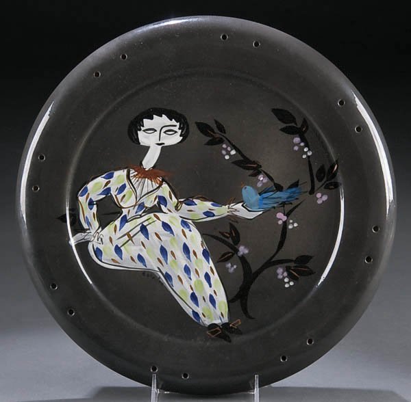 A MARC BELLAIRE ''COTILLION'' FOOTED CAKESTAND,: A MARC BELLAIRE ''COTILLION'' FOOTED CAKESTAND, mid 20th century, with hand painted scene depicting a woman with blue bird. Signed on base ''Marc Bellaire, California, cotillion B67''. Diameter 14 inc