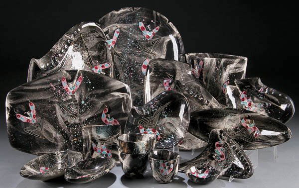 MARC BELLAIRE ''MARDIS GRAS'' ART POTTERY COLLECT: MARC BELLAIRE ''MARDIS GRAS'' ART POTTERY COLLECTION, mid 20th century, fifteen pieces various shapes and sizes. Including platters, bowls, cups and free form trays. The largest 18 inches. Estimate $1