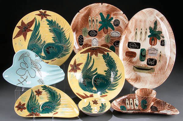 MARC BELLAIRE ''FRIENDLY ISLAND'' AND ''FLYING BI: MARC BELLAIRE ''FRIENDLY ISLAND'' AND ''FLYING BIRD'' ART POTTERY GROUP, mid 20th century, nine pieces in various free form shapes, sizes and decoration. Estimate $75-$125