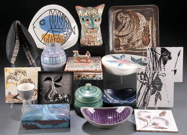 A MARC BELLAIRE AND SASCHA BRASTOFF ART POTTERY C: A MARC BELLAIRE AND SASCHA BRASTOFF ART POTTERY COLLECTION, mid 20th century, 17 hand decorated pieces including scenic and portrait tiles, free form shape trays, incised vases, Brastoff ''mosaic'' Eg