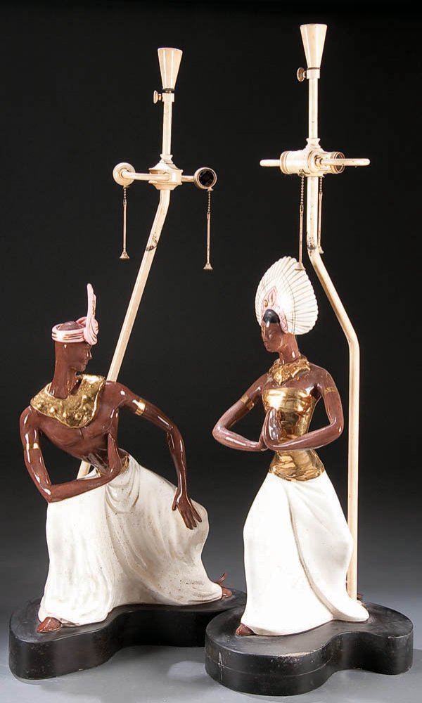 A PAIR OF MARC BELLAIRE SCULPTED FIGURAL SIAMESE: A PAIR OF MARC BELLAIRE SCULPTED FIGURAL SIAMESE TABLE LAMPS, mid 20th century, depicting a modernist design man and woman dancing raised on free form wood plinths, each signed Bellaire on verso, tota