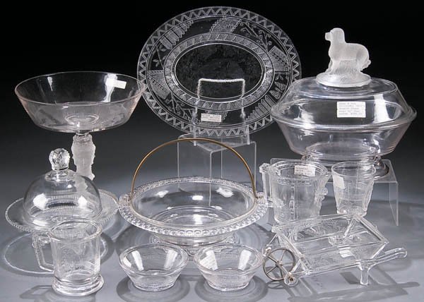 11 PIECE VICTORIAN PATTERN GLASS GROUP, late 19th: 11 PIECE VICTORIAN PATTERN GLASS GROUP, late 19th century, including deer and dog oval covered bowl, three face compote, Oriental creamer, Cupid and Venus wine and other items. Estimate $200-$300