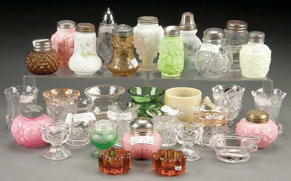 A VICTORIAN TOOTHPICK HOLDER AND SHAKER COLLECTIO: A VICTORIAN TOOTHPICK HOLDER AND SHAKER COLLECTION, late 19th century, 31 assorted pieces including Colorado pattern, Forget-Me-Not and others. Estimate $75-$125