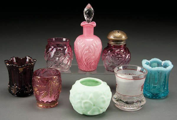 SEVEN PIECE VICTORIAN GLASS TOOTHPICK AND SHAKER: SEVEN PIECE VICTORIAN GLASS TOOTHPICK AND SHAKER COLLECTION, late 19th century, consisting of a royal ivy holder and shaker, two iris meander holders, a satin pansy holder and others, together with a