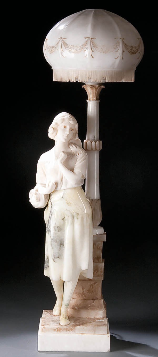 AN ITALIAN CARVED ALABASTER FIGURAL TABLE LAMP of: AN ITALIAN CARVED ALABASTER FIGURAL TABLE LAMP of a standing young maiden (apparently unsigned) (some repair to top of lampshade) Height 36 inches. Estimate $500-$750
