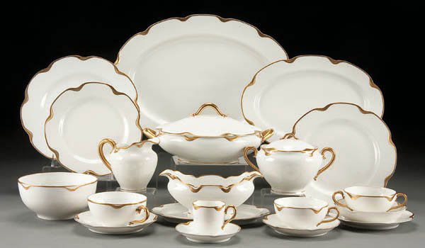 A HAVILAND LIMOGES SILVER ANNIVERSARY PATTERN #19: A HAVILAND LIMOGES SILVER ANNIVERSARY PATTERN #19 DINNERWARE SET, circa 1900, nine piece place setting for 12, including tea, coffee and demitasse cups, bouillons, salad, bread and butter, luncheon an